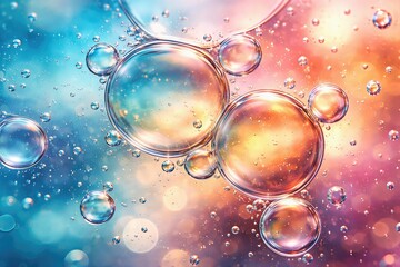 Ethereal bubbles floating in a dreamlike iridescent ambiance showcasing light refraction and shimmering reflections in a serene color palette of blue pink and gold hues