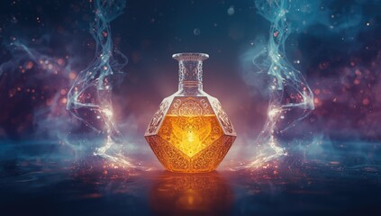 A vibrant yellow-orange potion in a stylized rhombic flask with colorful magical glow, used for potion brewing and safety
