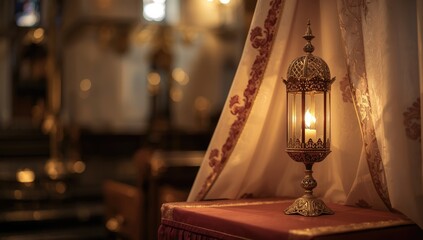 Lit candle lamp inside a church, serving as a symbol of spiritual reflection during religious ceremonies, Christmas observance