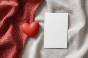A red heart and blank card on shimmering silver and red fabric, perfect for Valentines Day messages.