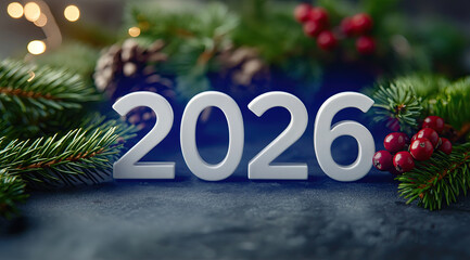 White 2026 numerals stand among pine branches and berries creating festive atmosphere.