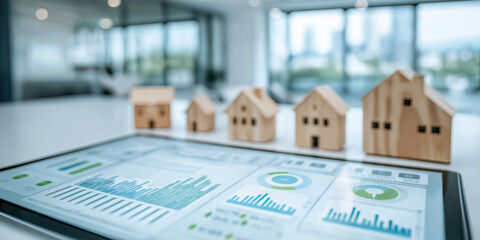 Tablet with analytics stands before miniature houses representing digital real estate investment.