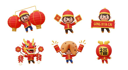 Cute Monkey Characters Celebrating Chinese New Year with Traditional Symbols
