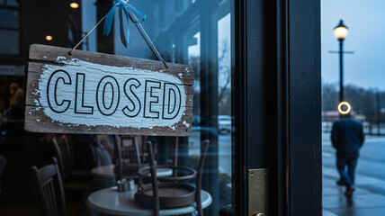 Closed sign on caf&eacute; door, moody ambiance, for Blue Monday reflection