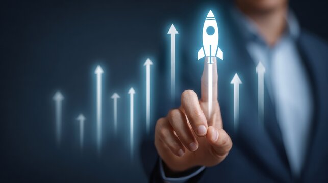 Business founder touches virtual rocket and arrow icon showing growth and upward success, finger interacts with holographic startup launch in modern office