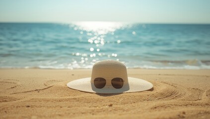 Obraz premium Sunlit coastal setting featuring straw hat and sunglasses, suitable as a layout backdrop