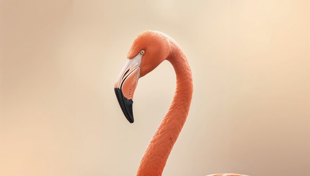 Wildlife scene of a flamingo wading in a lagoon, focusing on its vibrant pink feathers and slender neck, suitable for nature backgrounds
