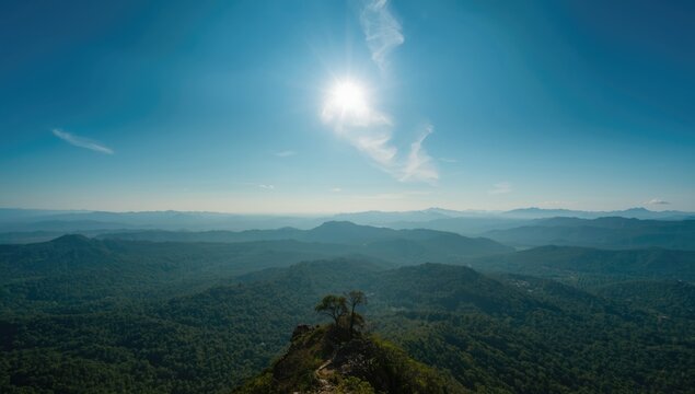 Aerial perspective of Phu Chee Fah summit in daylight, highlighting geological formation and terrain, Earth Day