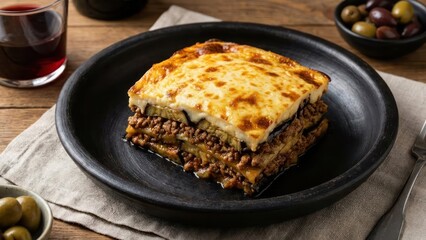 Traditional greek moussaka with eggplant and bechamel on black plate for a delicious mediterranean dinner meal