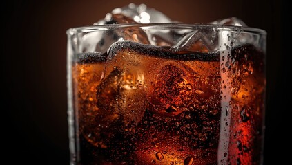Macro shot of ice cubes against dark backdrop showing drinks foam and bubbles, focusing on cooling sensation, World Water Day