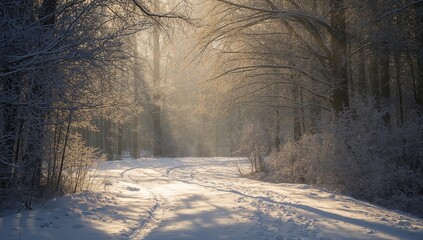 Path illuminated by sunlight in a snow-covered woodland, highlighting seasonal transition