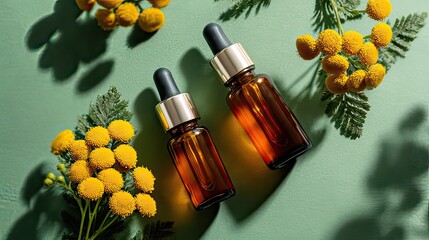 Natural Essential Oil or Serum in Amber Dropper Bottles with Yellow Botanical Flowers and Green Leaves on Serene Background for Organic Skincare