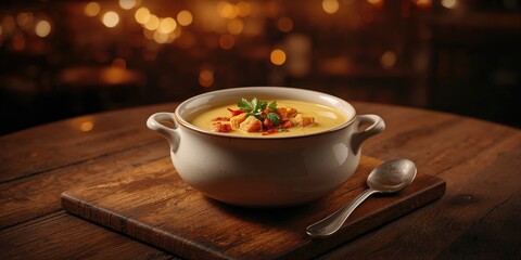 Creamy soup with bacon, croutons, and parsley served in a rustic style, emphasizing comfort food and relaxing meals