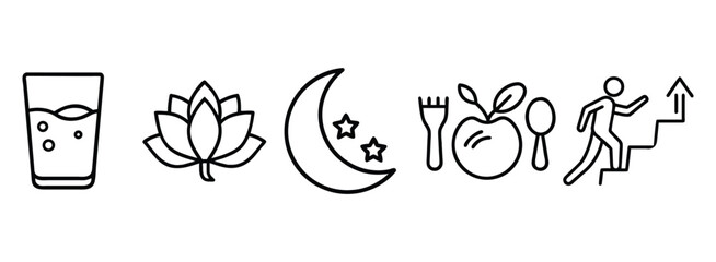 Collection of wellness and healthy lifestyle icons in simple line art style