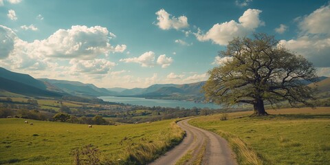 Naklejka premium English rural scenery with rolling hills and lush greenery, highlighting landscape preservation