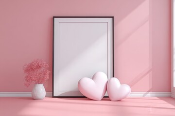 Pinkthemed decor featuring heartshaped cushions and a blank frame, perfect for Valentines Day ambiance.