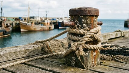 Rustic harbor bollard with rope at a dock with blurred boats in the background near sea