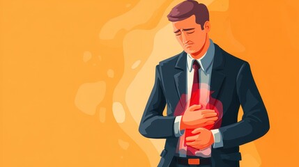A cartoon businessperson clutches their stomach, depicting pain, potentially digestive issues, overlaid on an orange abstract background