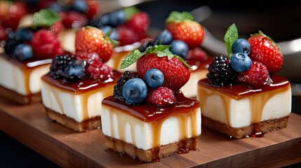 Delicious individual fruit-topped cheesecakes with caramel drizzle on a wooden board