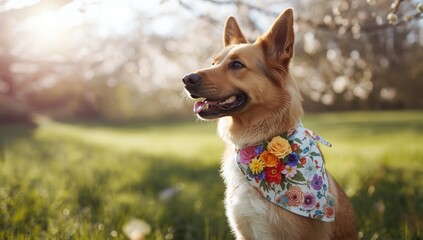 A shepherd dog wearing a floral spring bandana for a wedding-themed accessory, focusing on seasonal pet styling