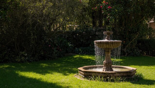 Antique fountain amid dense greenery, used as garden ornament, Earth Day