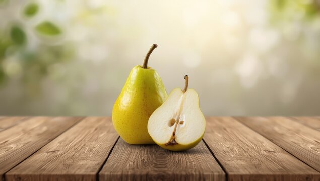 Chinese pear placed on a table, emphasizing natural fruit texture and sunlight for healthy eating - Powered by Adobe