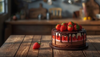 Strawberry and chocolate cheesecake, layered with fruit and creamy filling, ideal for dessert presentation