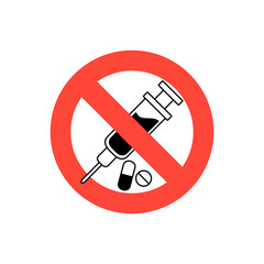 No drugs and syringe sign icon. Red prohibition circle with pill and needle symbol isolated on white background. Stop drug abuse, addiction, and medical warning concept.