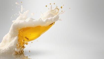 Foamy beer with white and yellow tones on a clear backdrop, designed for text overlay or digital interface