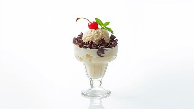 Ice cream sundar with syrup, cherry, and chocolate toppings in a glass, highlighting sweet treat, National Dessert Day