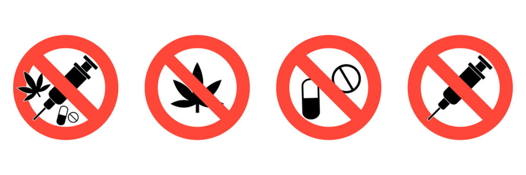 Prohibition signs icon set. No drugs, no syringe, and no pills symbols isolated on white background. Collection of stop drug abuse, medical warning, and narcotic prevention icons.