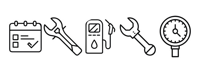 Car maintenance icons including wrench and oil can on transparent background