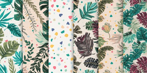 Colorful repetitive leaf motifs in a 2D design intended for textiles, stationery, and interior surfaces