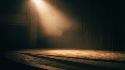 Dramatic light beam illuminating empty stage with dark background creating a sense of mystery and suspense