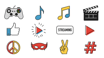 Vibrant hand-drawn doodle icons: gaming music film streaming social media peace and superhero symbols.
