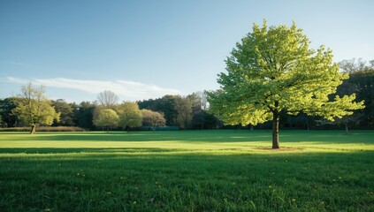 Fototapeta premium Green forest and open grassland during spring highlighting ecological health, Earth Day