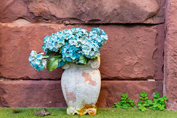 Vibrant blue hydrangeas in a weathered vase beside rustic stone wall