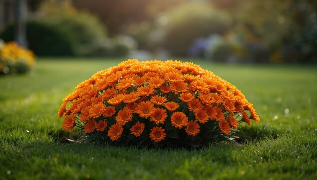 Clustered Aurora Daisies with vivid orange petals in a garden setting, highlighting plant growth stages, summer