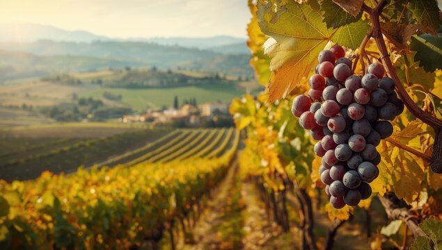 Grape fields in Langhe Roero Monferrato, UNESCO site, emphasizing agricultural labor during harvest season