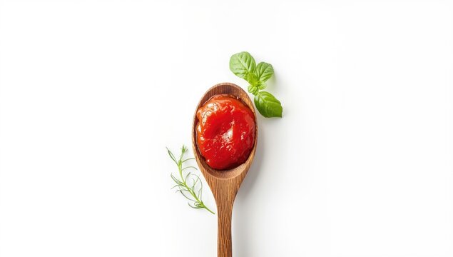 Fresh tomato paste resting on a wooden spoon highlighting natural ingredients, ideal for food production environments