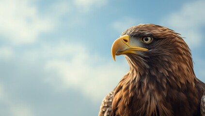 Naklejka premium Predatory golden eagle with intense expression, emphasizing hunting behavior for educational displays