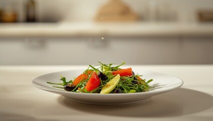Colorful salad featuring tomatoes, broad beans, black olives, and arugula for a nutrient-dense lunch, fresh produce