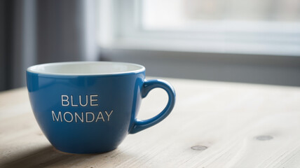 Empty coffee cup with "Blue Monday" text, minimalist style, on wooden table for Blue Monday, with copy space