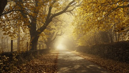 City street lined with dry yellow leaves during fall, highlighting seasonal transition and urban decay, Earth Day