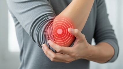 Elbow Joint Inflammation: Man holding painful arm with red concentric circle glowing highlight for medical injury and tendonitis concept.