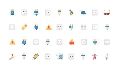 Fototapeta premium Types of international electrical plug and socket, different adapter and outlet, electrician tools infographic color icon set. World standard, electricity, connectors flat elements vector illustration