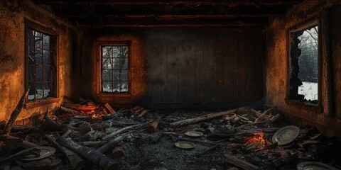 Burned house interior with soot-covered surfaces and structural damage, highlighting fire aftermath cleanup, fire safety awareness