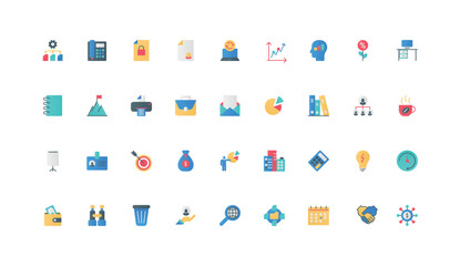 Strategy, tactics, office process of employee in corporate company color icon set. Work with document and email, coffee break and busy time, hierarchy of enterprise flat elements vector illustration