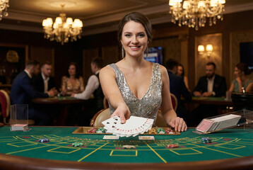 Casino Dealer Smiling, Chandelierlit Casino With Friendly Professional Staff