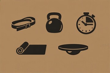 Fitness equipment iconography including kettlebell yoga mat stopwatch balance board and belt representing training efficiency motivation and exercise culture